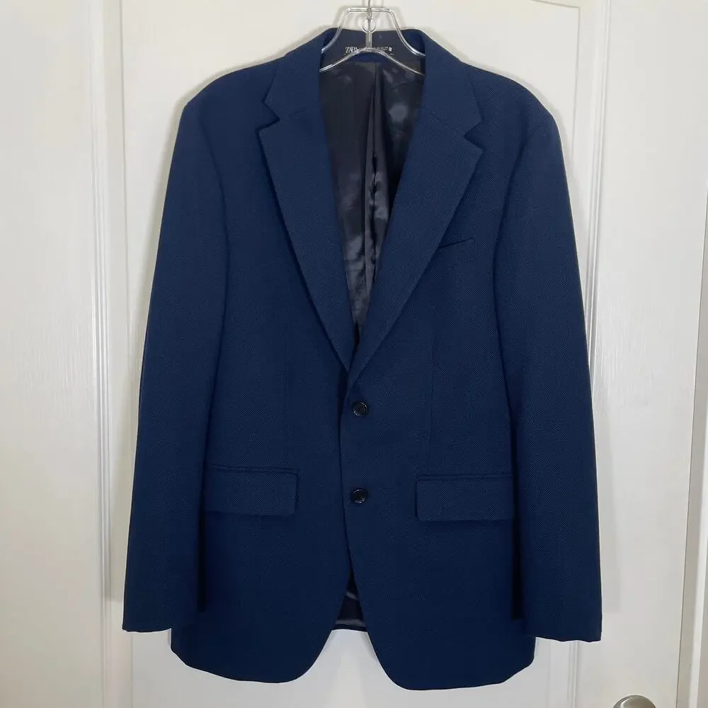 Zara Mens‎ Blazer Jacket Navy Blue Wool Blend 2 Button 38